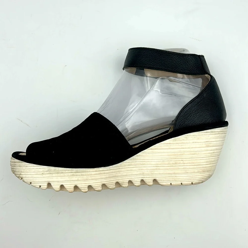 Fly London Black Suede & Leather Peep Toe Wedge Sandals - Size EU 37 / US 6.5–7